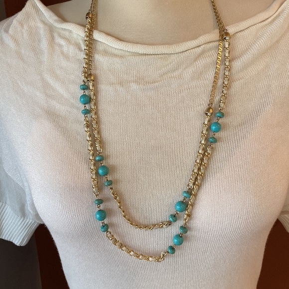 Lia Sophia gold tone necklace with teal blue beads and leather accents. - Picture 5 of 5